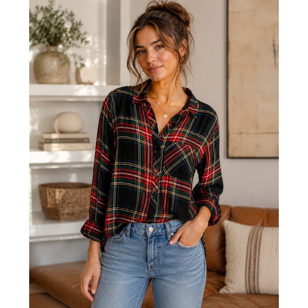 Beach Lunch Lounge XS plaid long slv button up shirt